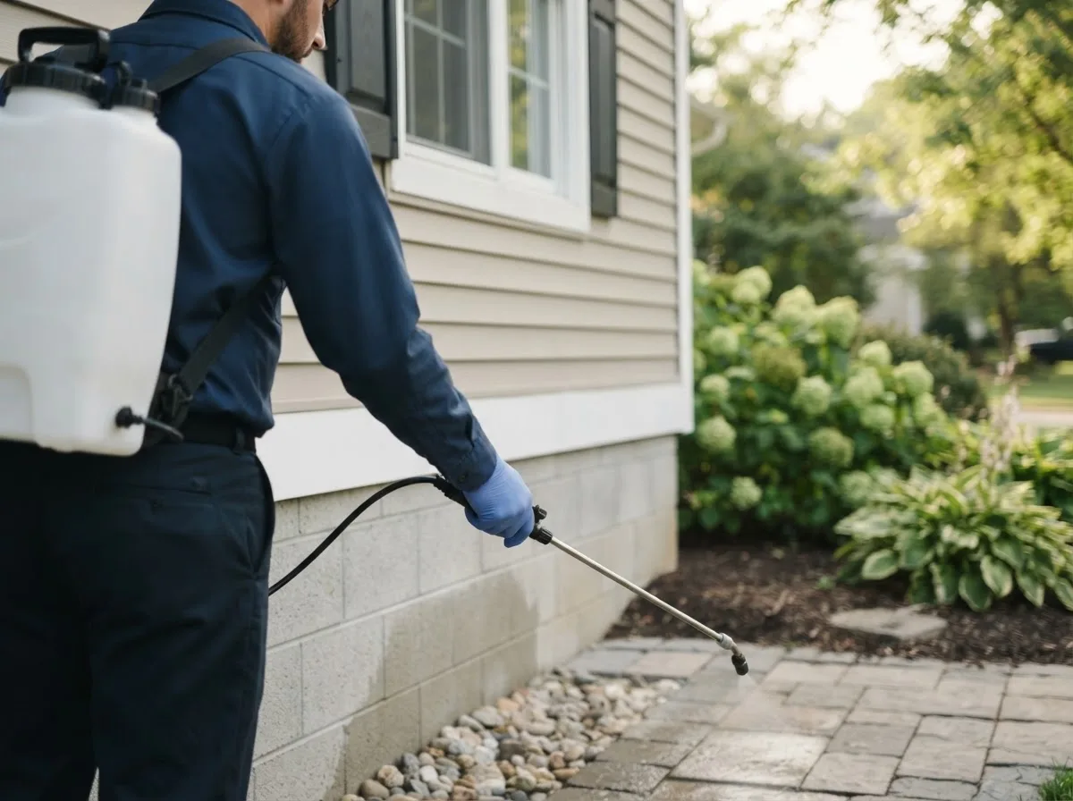 Pest control technician inspecting a home in James City, PA